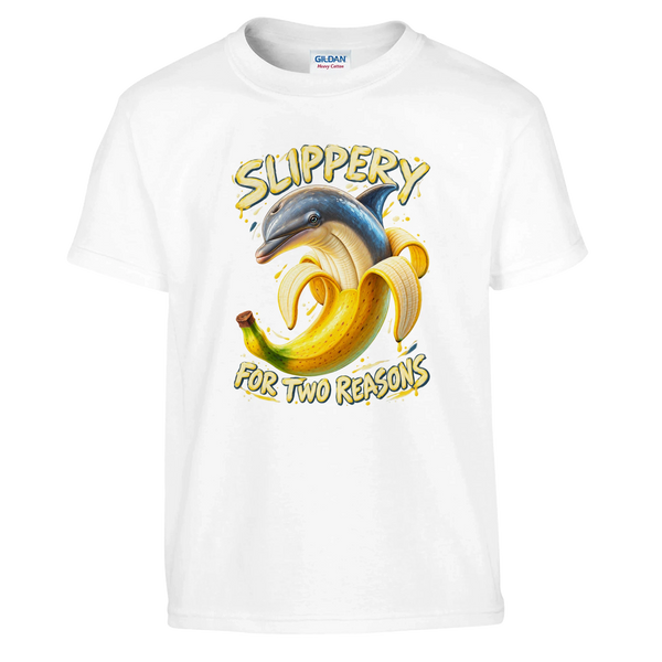 Bananita Dolphinita print on a white kids t-shirt, front view