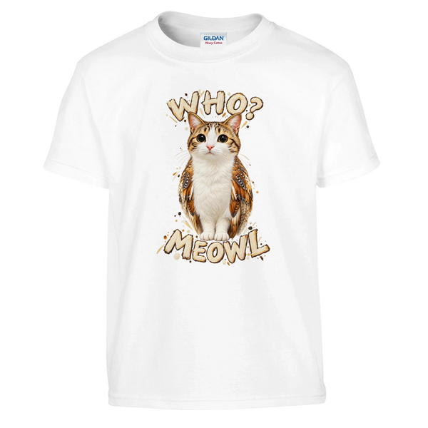 Meowl print on a white kids t-shirt, front view