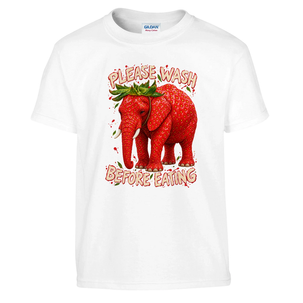 Strawberry Elephant print on a white kids t-shirt, front view