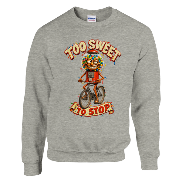Chicleteira Bicicleteira print on an ash grey crewneck sweatshirt, front view