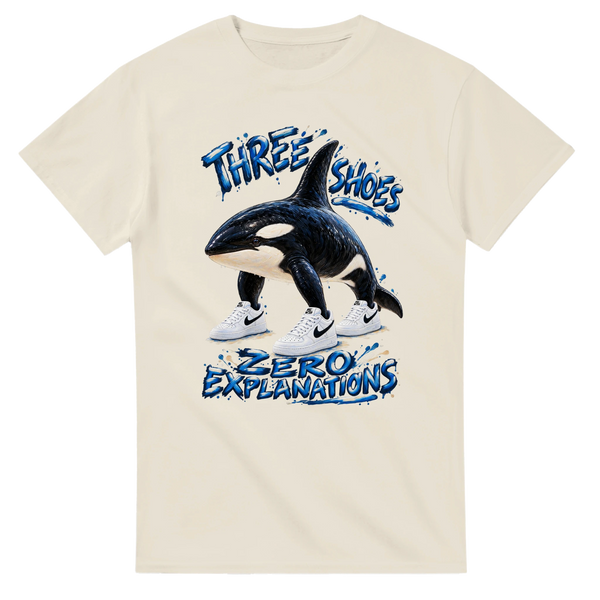 Natural t-shirt printed with Orcalero Orcala and the words Three shoes, zero explanations, front view