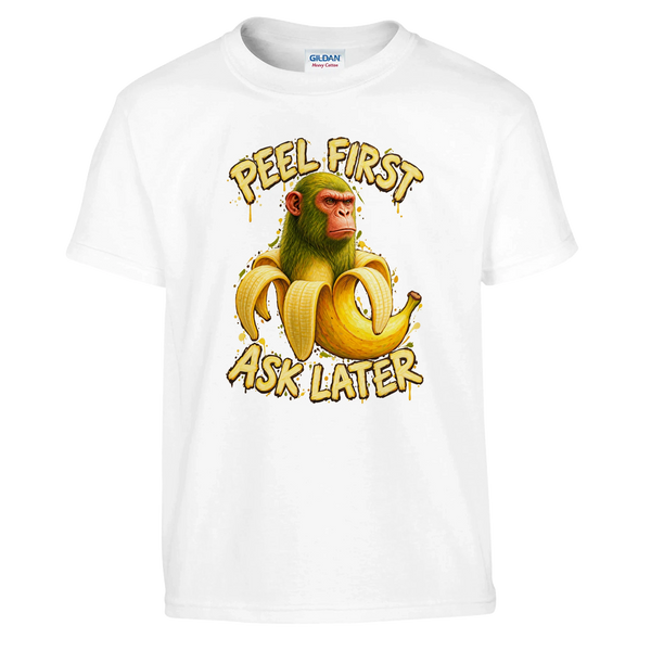 Chimpanzini Bananini print on a white kids t-shirt, front view