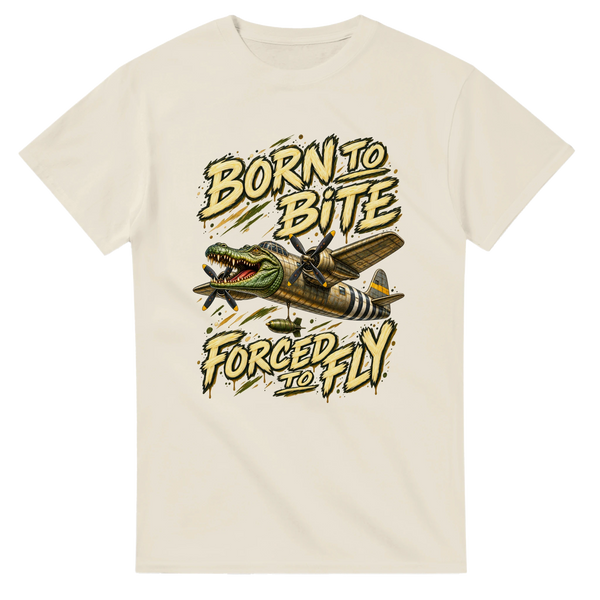Natural t-shirt printed with Bombardino Crocodilo and the words Born to bite, forced to fly, front view