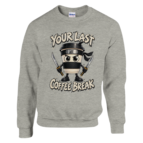 Cappuccino Assassino print on an ash grey crewneck sweatshirt, front view