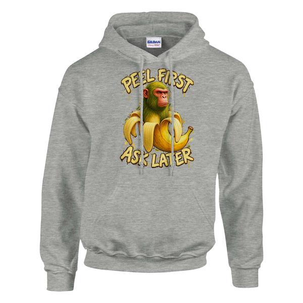 Chimpanzini Bananini print on an ash grey pullover hoodie, front view
