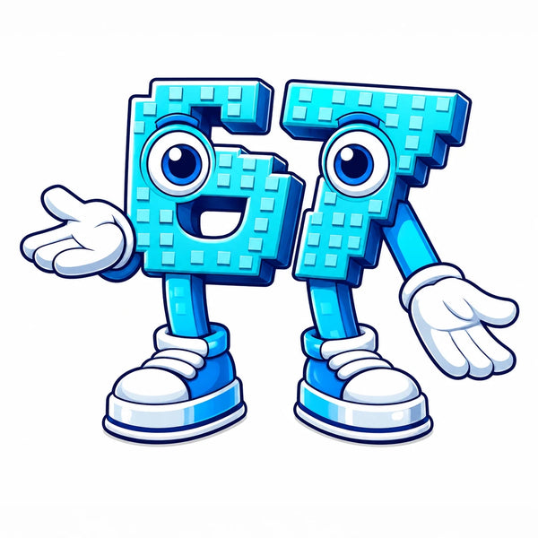 67, the six seven brainrot character, two blue digits with eyes doing the six seven hand gesture