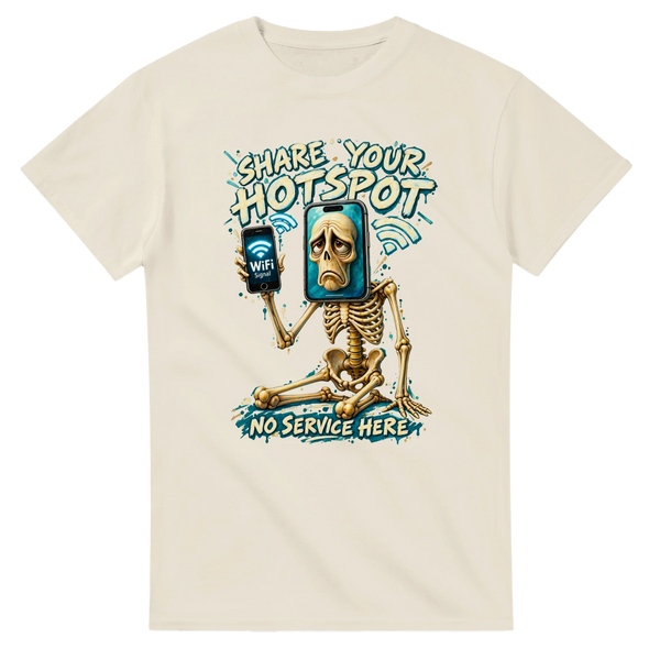 Natural t-shirt printed with Pot Hotspot and the words Share your hotspot, no service here, front view