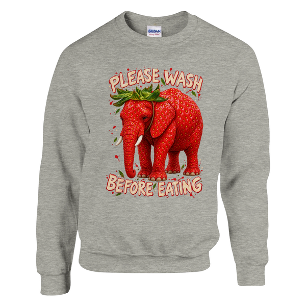 Strawberry Elephant print on an ash grey crewneck sweatshirt, front view