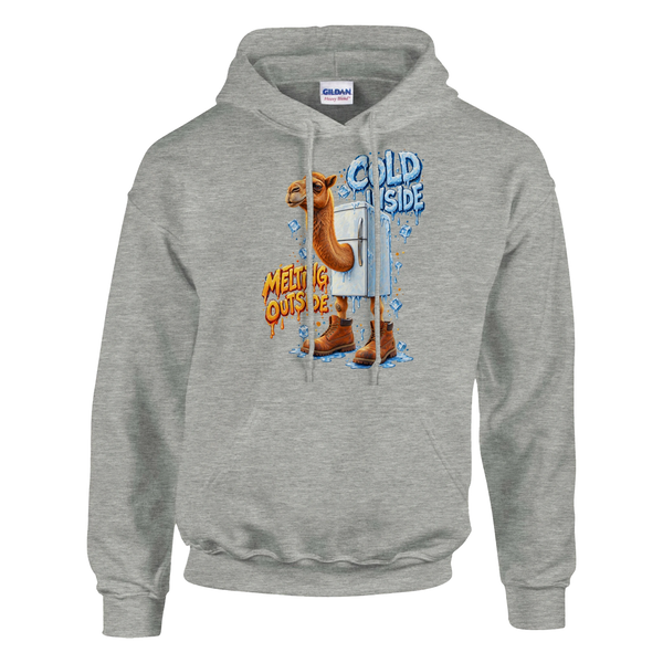 Frigo Camelo print on an ash grey pullover hoodie, front view