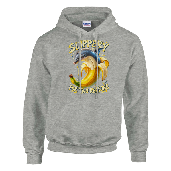 Bananita Dolphinita print on an ash grey pullover hoodie, front view
