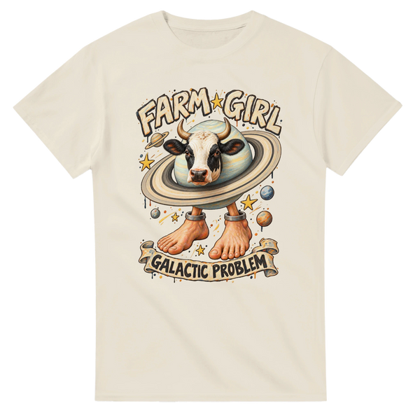 Natural t-shirt printed with La Vaca Saturno Saturnita and the words Farm girl, galactic problem, front view