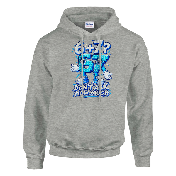 67 print on an ash grey pullover hoodie, front view