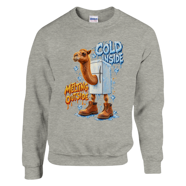 Frigo Camelo print on an ash grey crewneck sweatshirt, front view