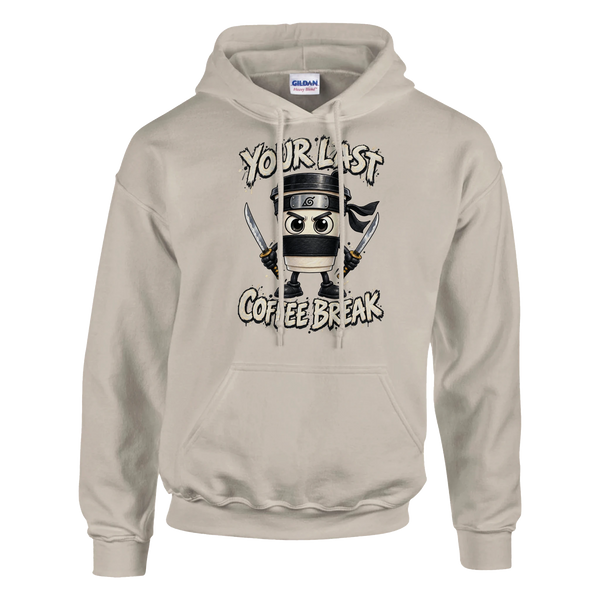 Cappuccino Assassino print on a sand pullover hoodie, front view