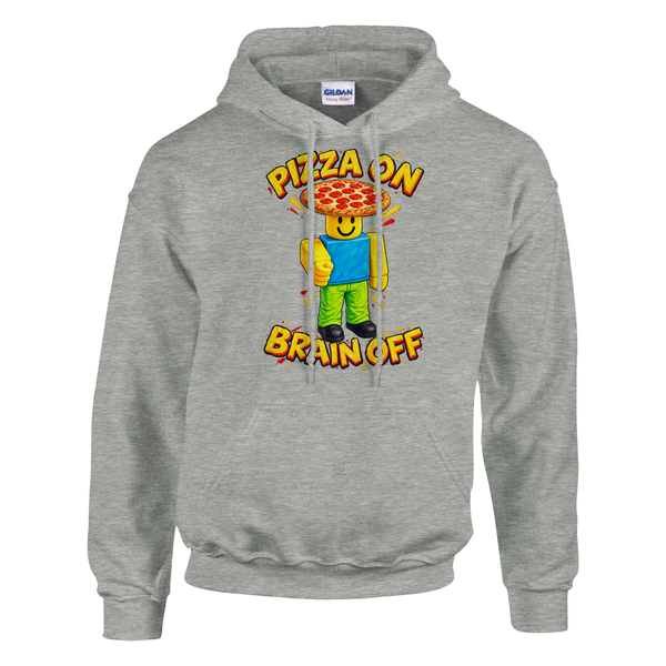 Noobini Pizzanini print on an ash grey pullover hoodie, front view