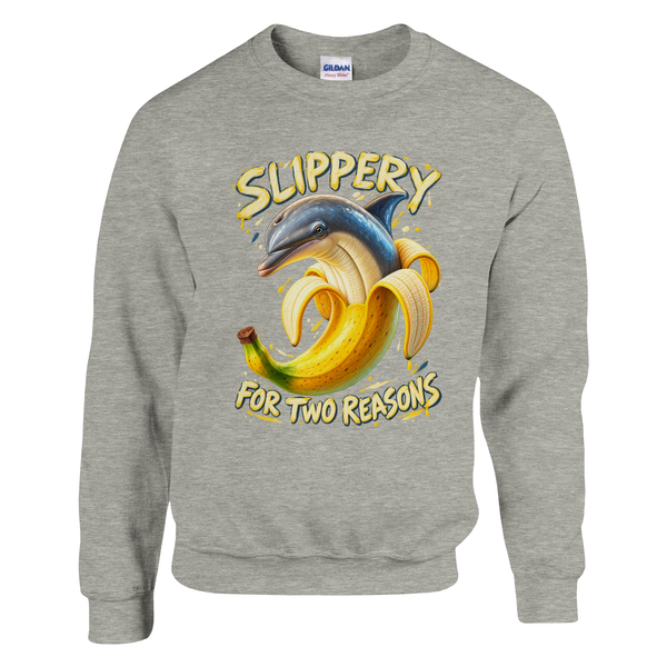 Bananita Dolphinita print on an ash grey crewneck sweatshirt, front view