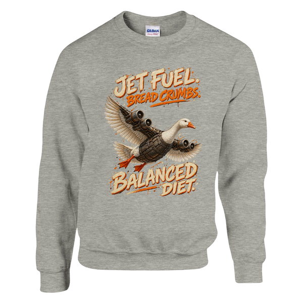 Bombombini Gusini print on an ash grey crewneck sweatshirt, front view