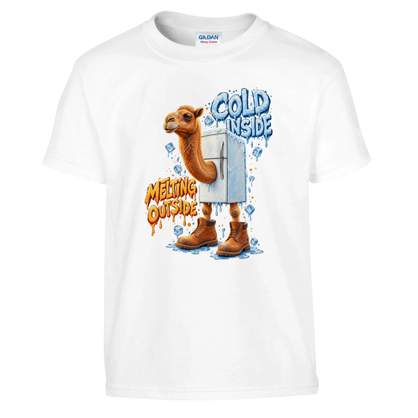 Frigo Camelo print on a white kids t-shirt, front view