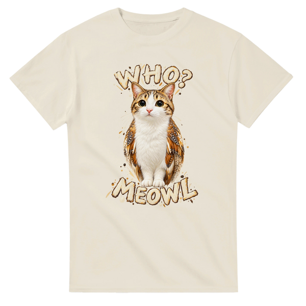 Natural t-shirt printed with Meowl and the words Who? Meowl, front view
