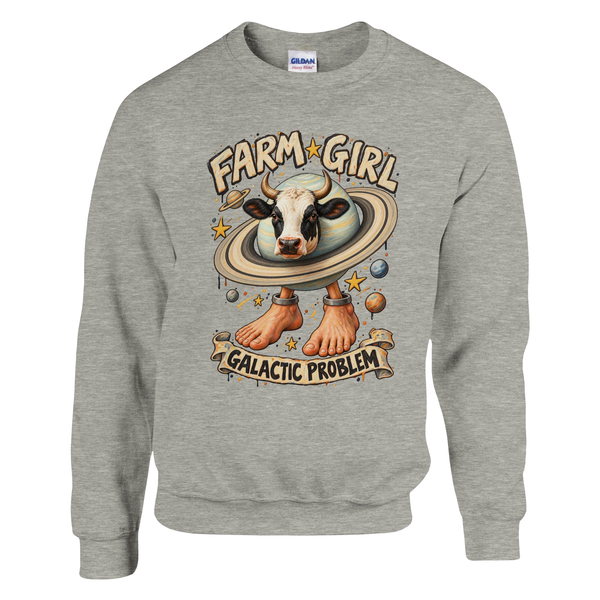 La Vaca Saturno Saturnita print on an ash grey crewneck sweatshirt, front view