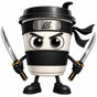 Cappuccino Assassino character artwork, a takeaway coffee cup dressed as a ninja with a headband and two katanas