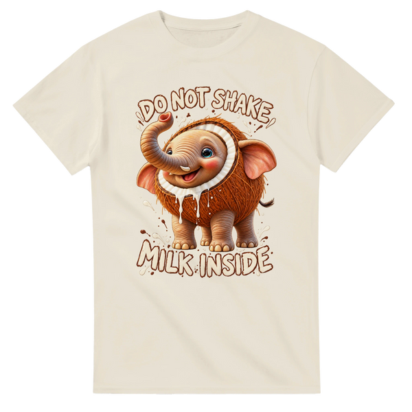 Natural t-shirt printed with Cocofanto Elefanto and the words Do not shake, milk inside, front view