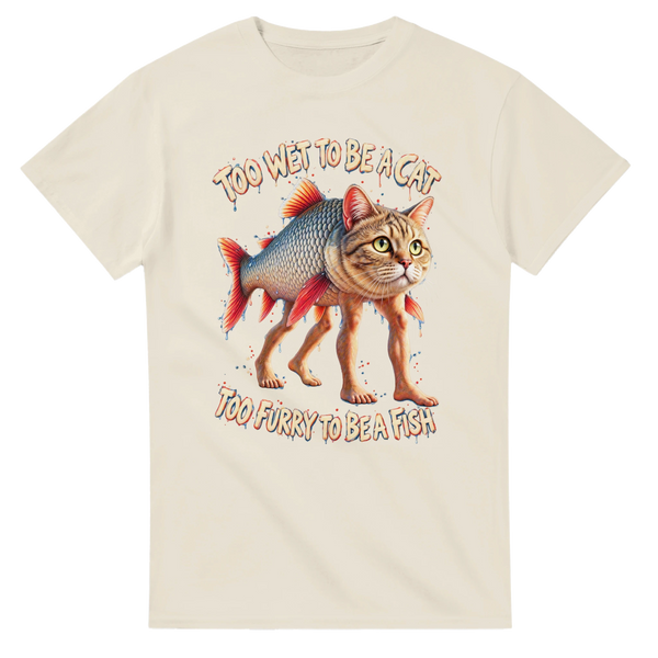 Natural t-shirt printed with Trulimero Trulichina and the words Too wet to be a cat, too furry to be a fish, front view