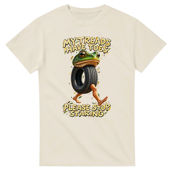 Natural t-shirt printed with Boneca Ambalabu and the words My treads have toes, please stop staring, front view