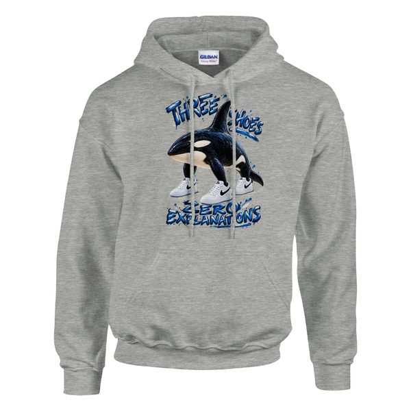 Orcalero Orcala print on an ash grey pullover hoodie, front view