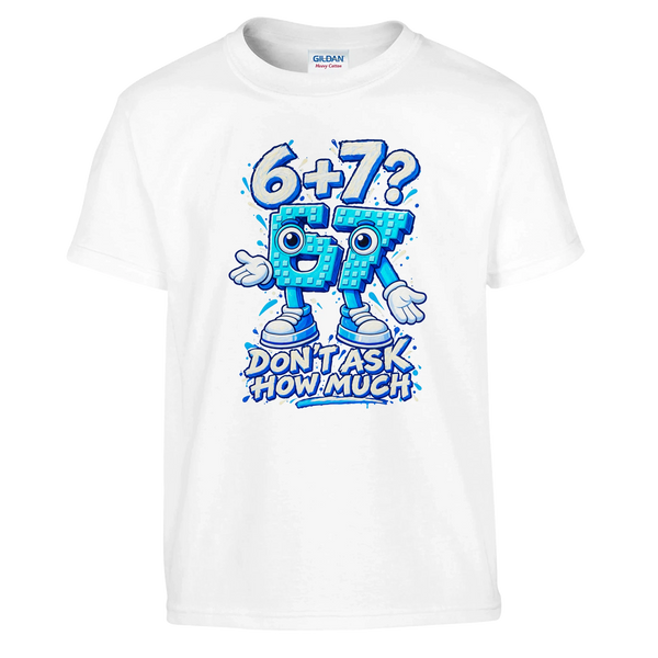67 print on a white kids t-shirt, front view