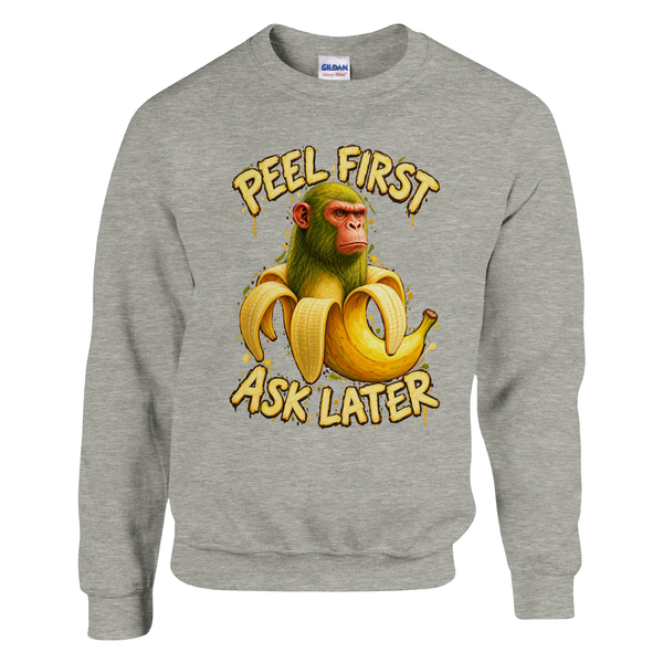 Chimpanzini Bananini print on an ash grey crewneck sweatshirt, front view