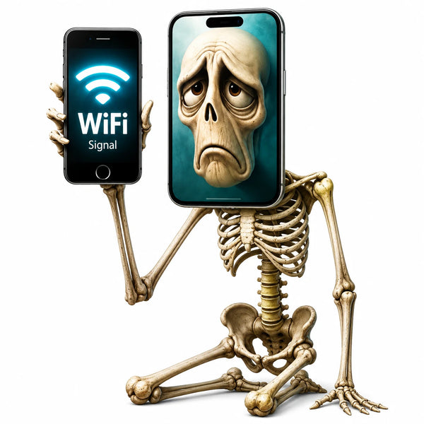 Pot Hotspot, the brainrot skeleton with a phone for a head waiting for a wifi signal