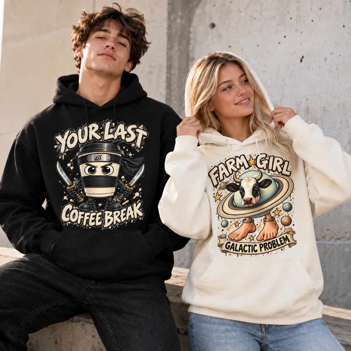 Two people wearing Cappuccino Assassino and La Vaca Saturno Saturnita hoodies: Your Last Coffee Break on black, Farm Girl Galactic Problem on cream