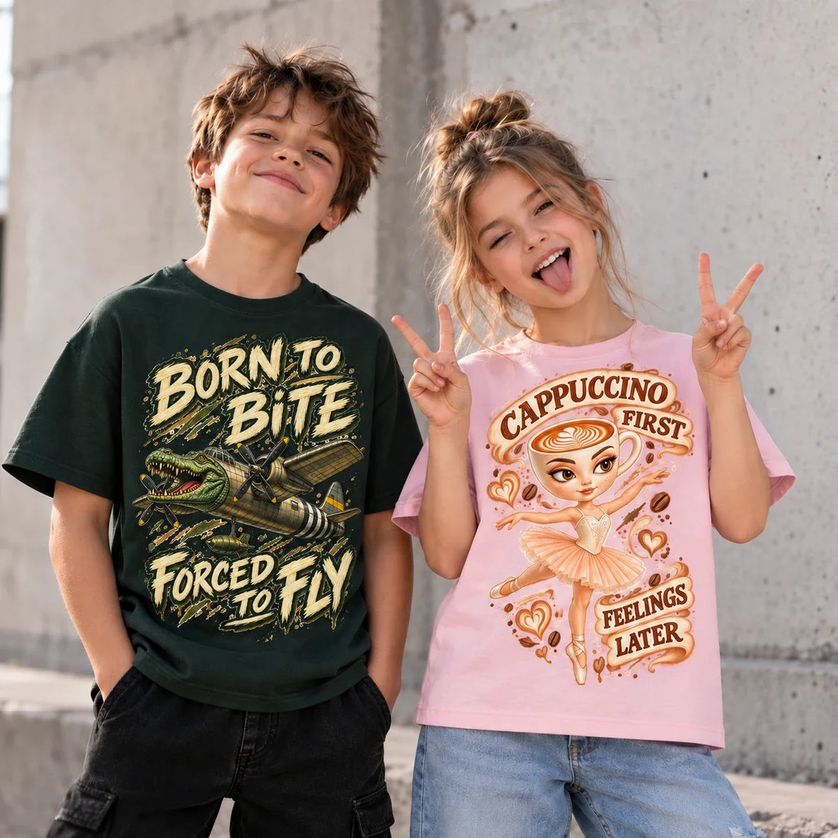 Two children wearing Bombardino Crocodilo and Ballerina Cappuccina kids t-shirts: Born to Bite Forced to Fly on dark green, Cappuccino First Feelings Later on pink