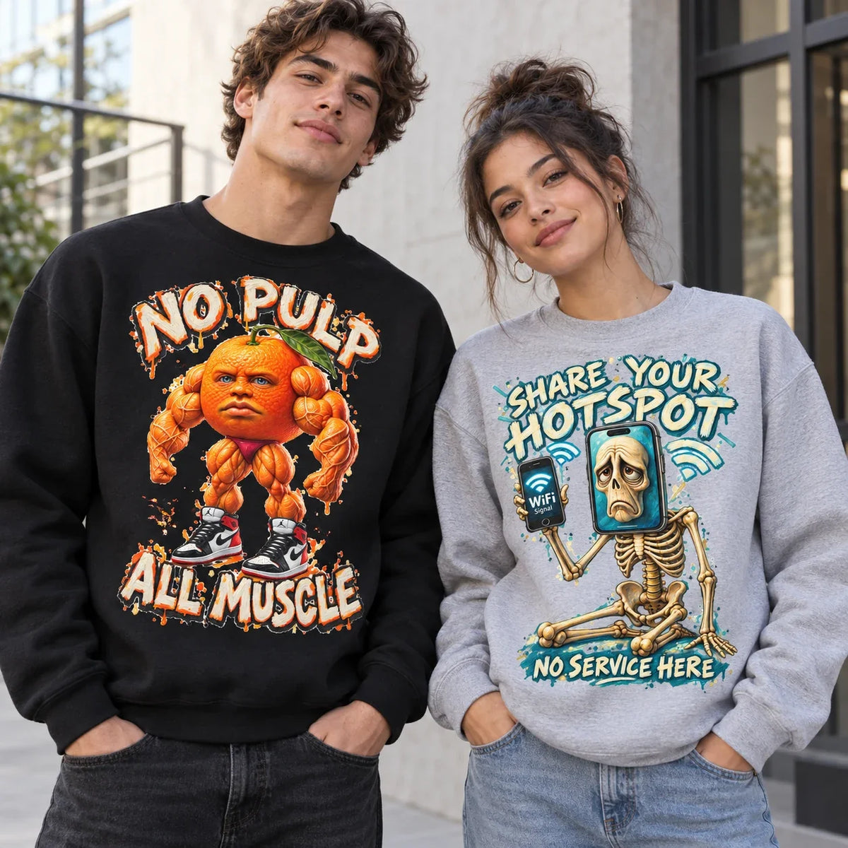Two people wearing Odin Din Din Dun and Pot Hotspot sweatshirts: No Pulp All Muscle on black, Share Your Hotspot No Service Here on grey