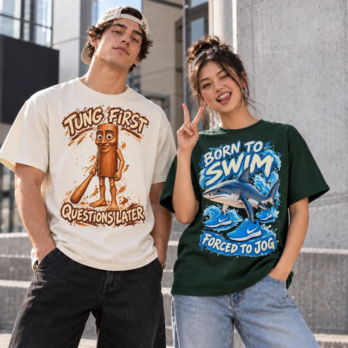Two people wearing Tung Tung Tung Sahur and Tralalero Tralala t-shirts: Tung First Questions Later on cream, Born to Swim Forced to Jog on dark green
