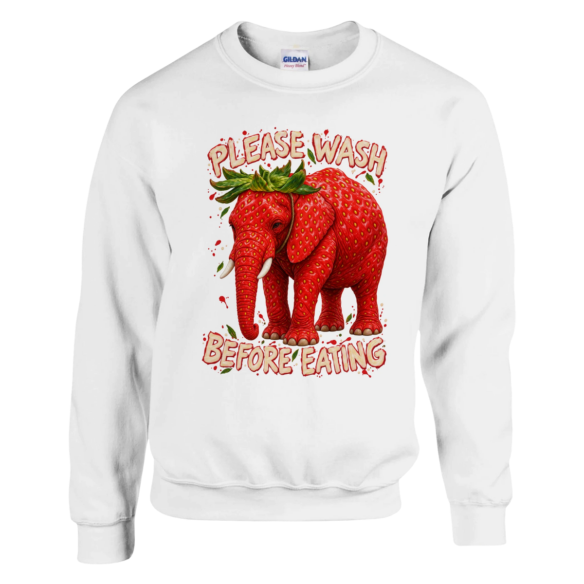 Strawberry Elephant print on a white crewneck sweatshirt, front view