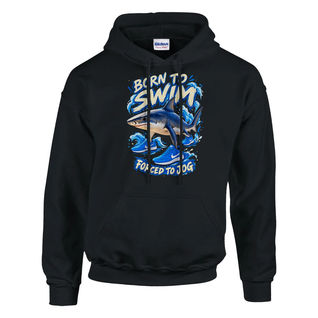 Tralalero Tralala print on a black pullover hoodie, front view