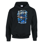 Tralalero Tralala print on a black pullover hoodie, front view