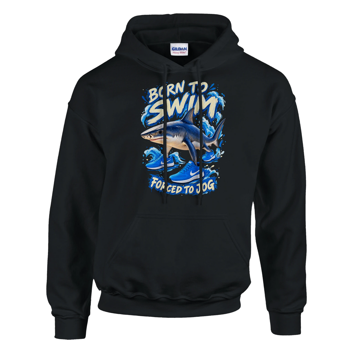 Tralalero Tralala print on a black pullover hoodie, front view