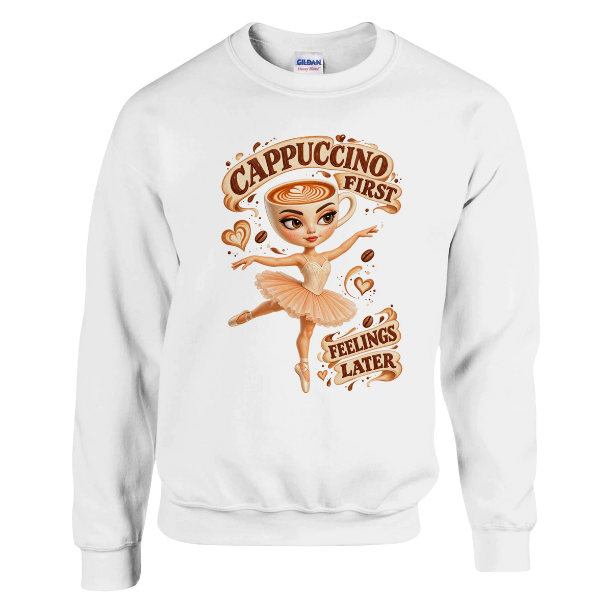 Ballerina Cappuccina print on a white crewneck sweatshirt, front view