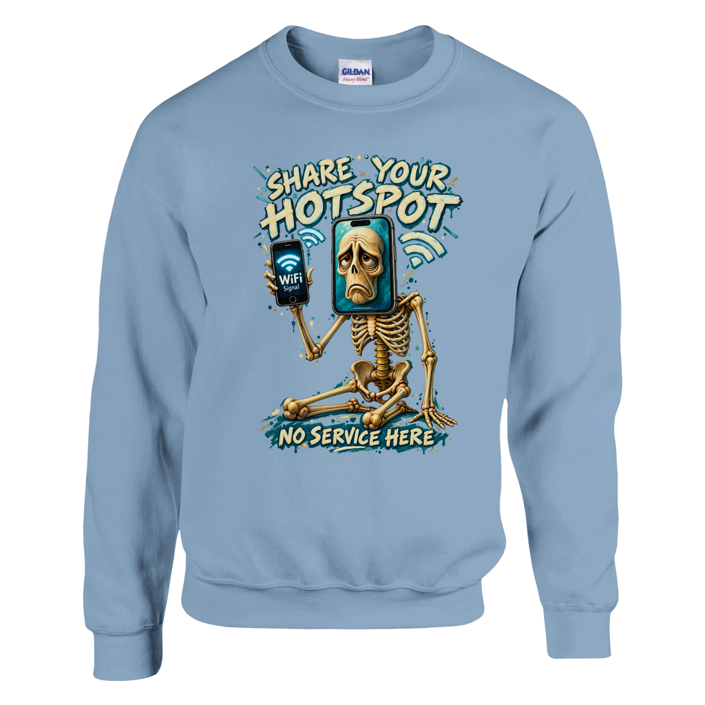Pot Hotspot print on a light blue crewneck sweatshirt, front view