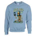 Pot Hotspot print on a light blue crewneck sweatshirt, front view