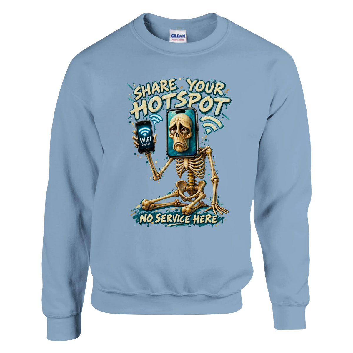 Pot Hotspot print on a light blue crewneck sweatshirt, front view
