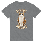 Sport Grey t-shirt printed with Meowl and the words Who? Meowl, front view