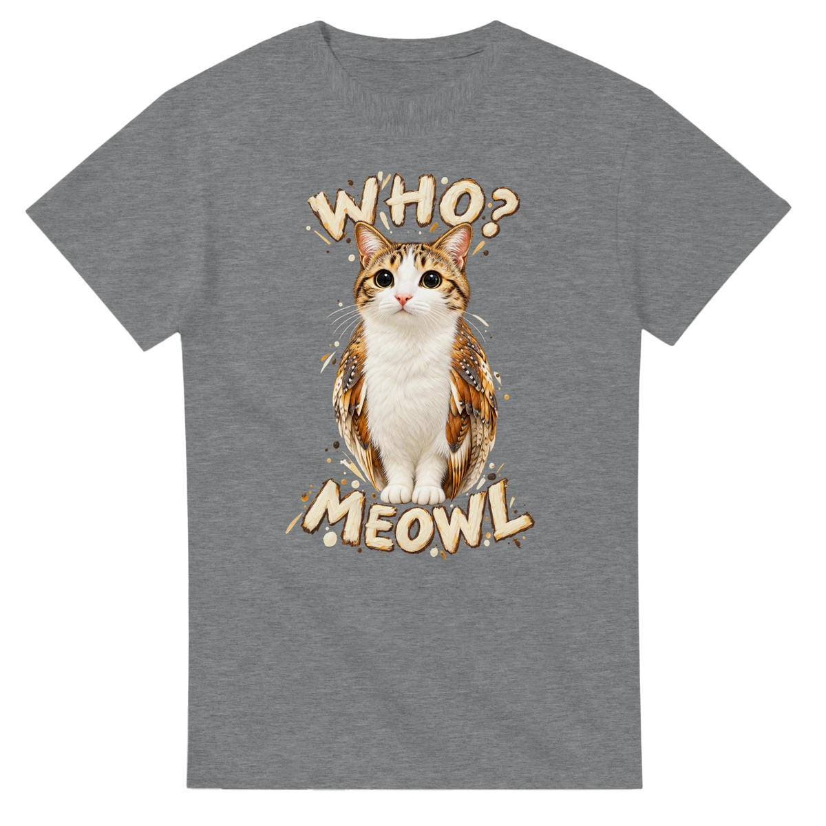 Sport Grey t-shirt printed with Meowl and the words Who? Meowl, front view