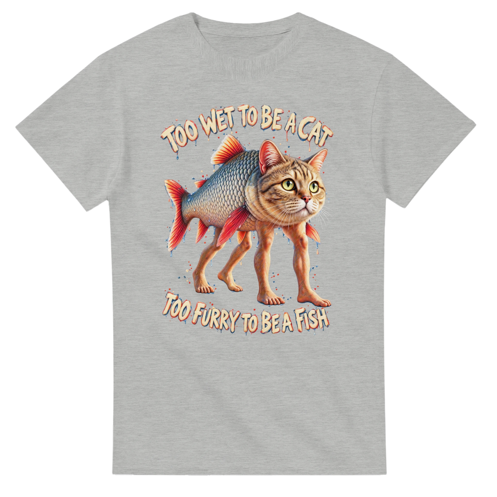 Ash t-shirt printed with Trulimero Trulichina and the words Too wet to be a cat, too furry to be a fish, front view