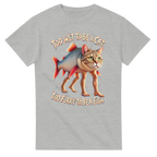 Ash t-shirt printed with Trulimero Trulichina and the words Too wet to be a cat, too furry to be a fish, front view