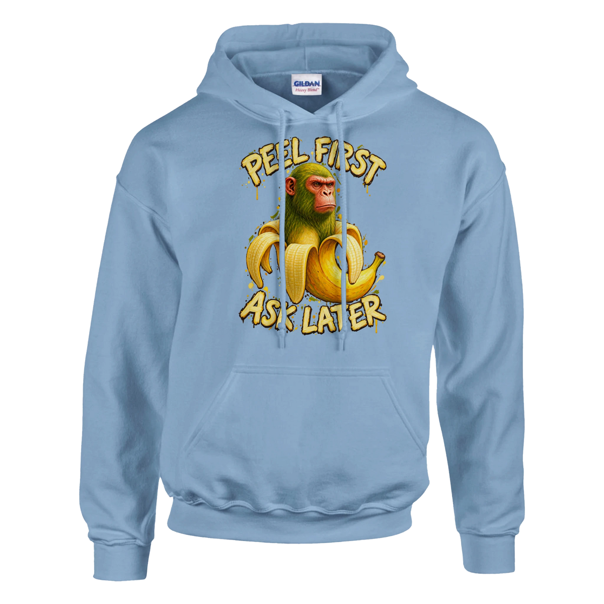 Chimpanzini Bananini print on a light blue pullover hoodie, front view