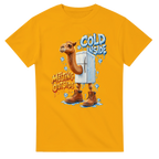 Gold t-shirt printed with Frigo Camelo and the words Cold inside, melting outside, front view